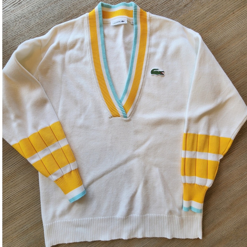 Lacoste Low V-neck Loose Cotton Blend Sweater.Preppy Y2K  Tenniscore colorblock